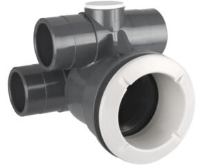 Douille Waterway Poly Jet en Té · Raccordement Ø32 mm · Buses enchaînées