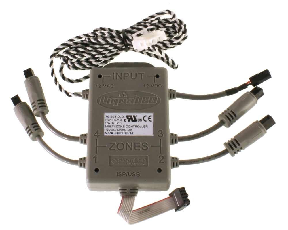 Contrôleur LED SloanLED LiquaLED Multi-Zone · Jusqu’à 100 LEDs synchronisées · 4 zones